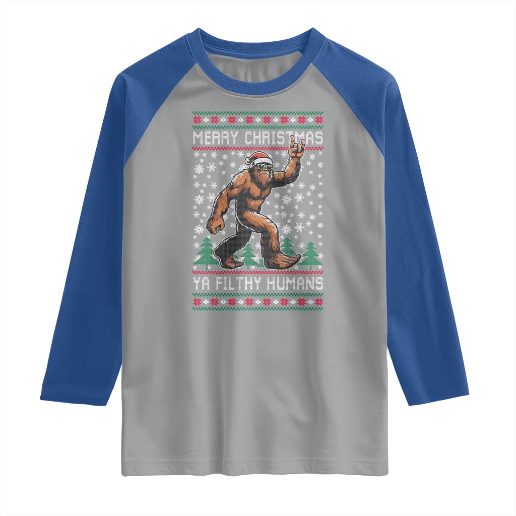 Merry Christmas Ya Filthy Humans Bigfoot Raglan Shirt Funny Xmas Sasquatch - Wonder Print Shop