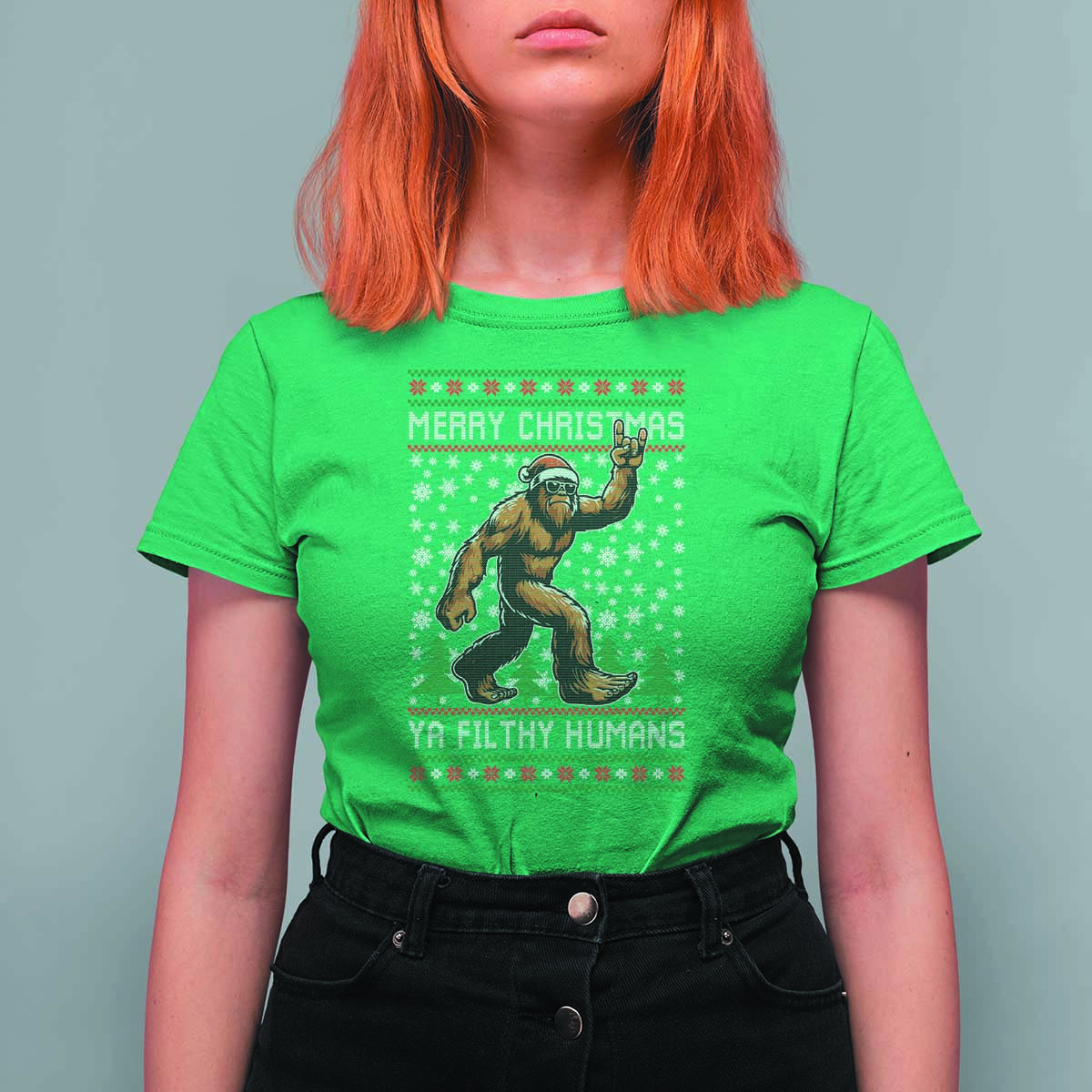 Merry Christmas Ya Filthy Humans Bigfoot T Shirt For Women Funny Xmas Sasquatch - Wonder Print Shop