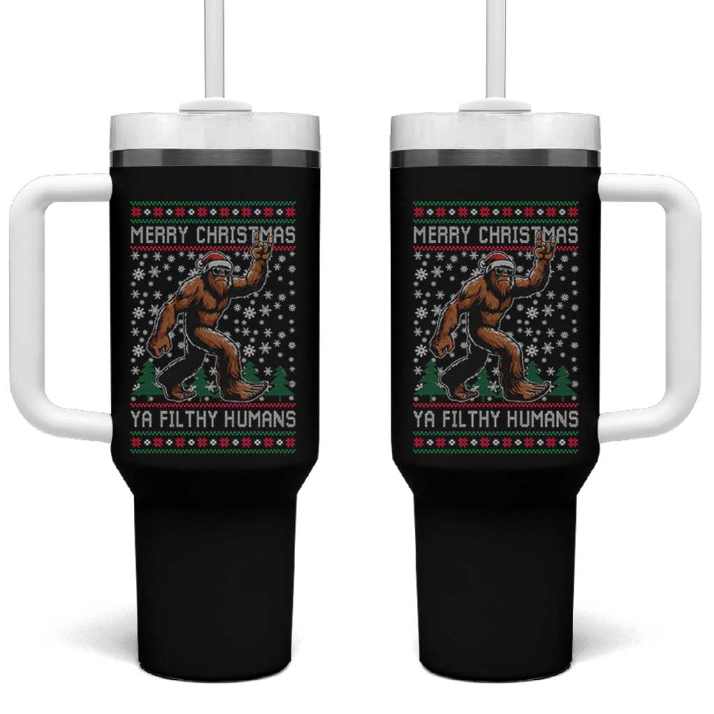 Merry Christmas Ya Filthy Humans Bigfoot Tumbler With Handle Funny Xmas Sasquatch - Wonder Print Shop