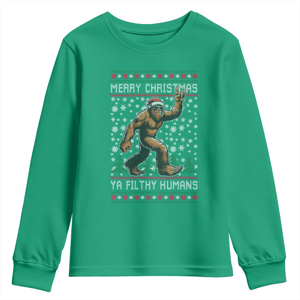 Merry Christmas Ya Filthy Humans Bigfoot Youth Sweatshirt Funny Xmas Sasquatch - Wonder Print Shop