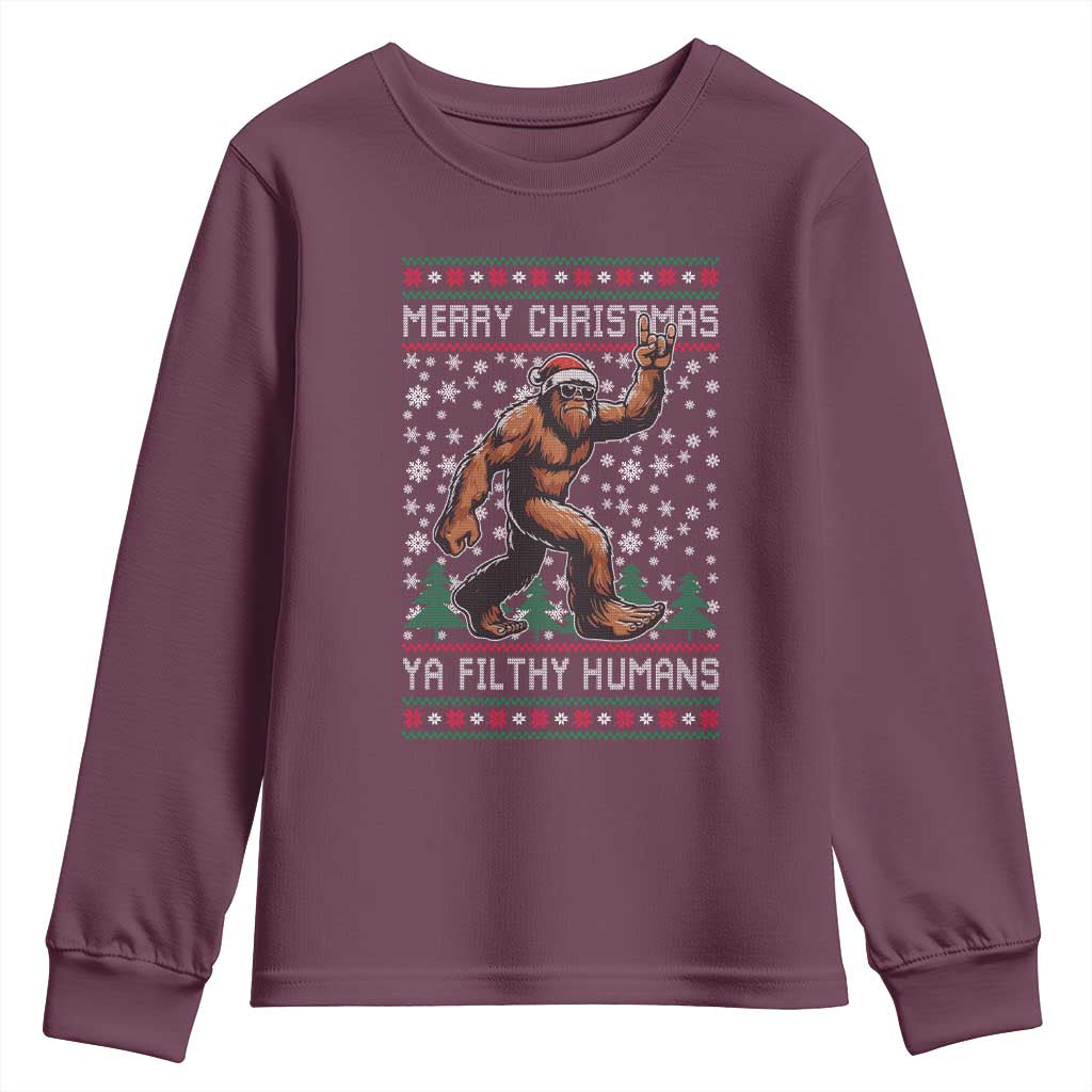 Merry Christmas Ya Filthy Humans Bigfoot Youth Sweatshirt Funny Xmas Sasquatch - Wonder Print Shop