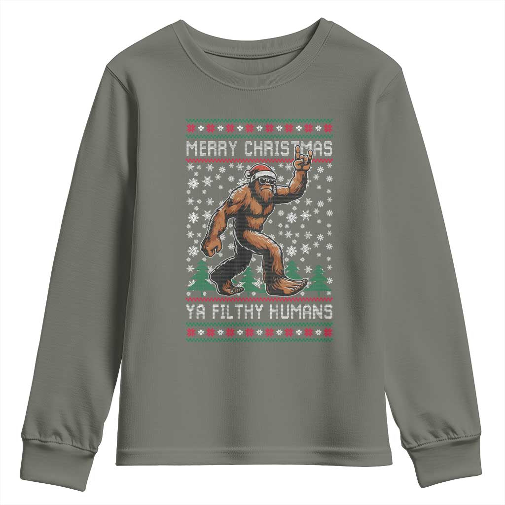 Merry Christmas Ya Filthy Humans Bigfoot Youth Sweatshirt Funny Xmas Sasquatch - Wonder Print Shop