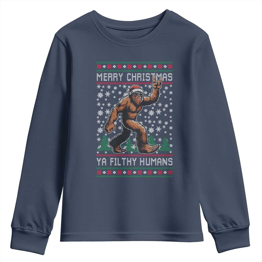 Merry Christmas Ya Filthy Humans Bigfoot Youth Sweatshirt Funny Xmas Sasquatch - Wonder Print Shop