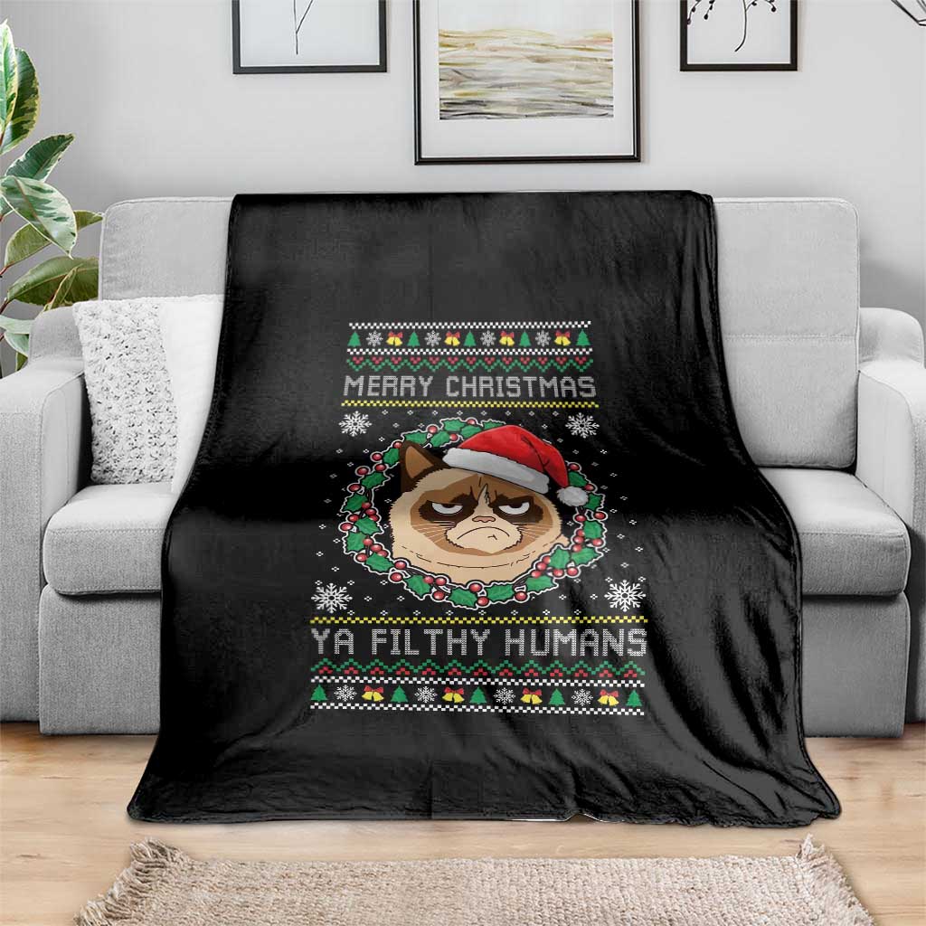 Merry Christmas Ya Filthy Humans Cat Throw Blanket Funny Xmas Grumpy Cat - Wonder Print Shop