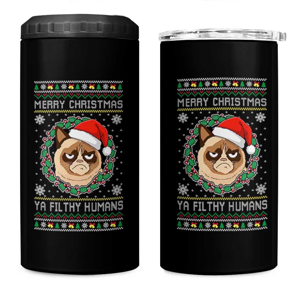 Merry Christmas Ya Filthy Humans Cat 4 in 1 Can Cooler Tumbler Funny Xmas Grumpy Cat - Wonder Print Shop