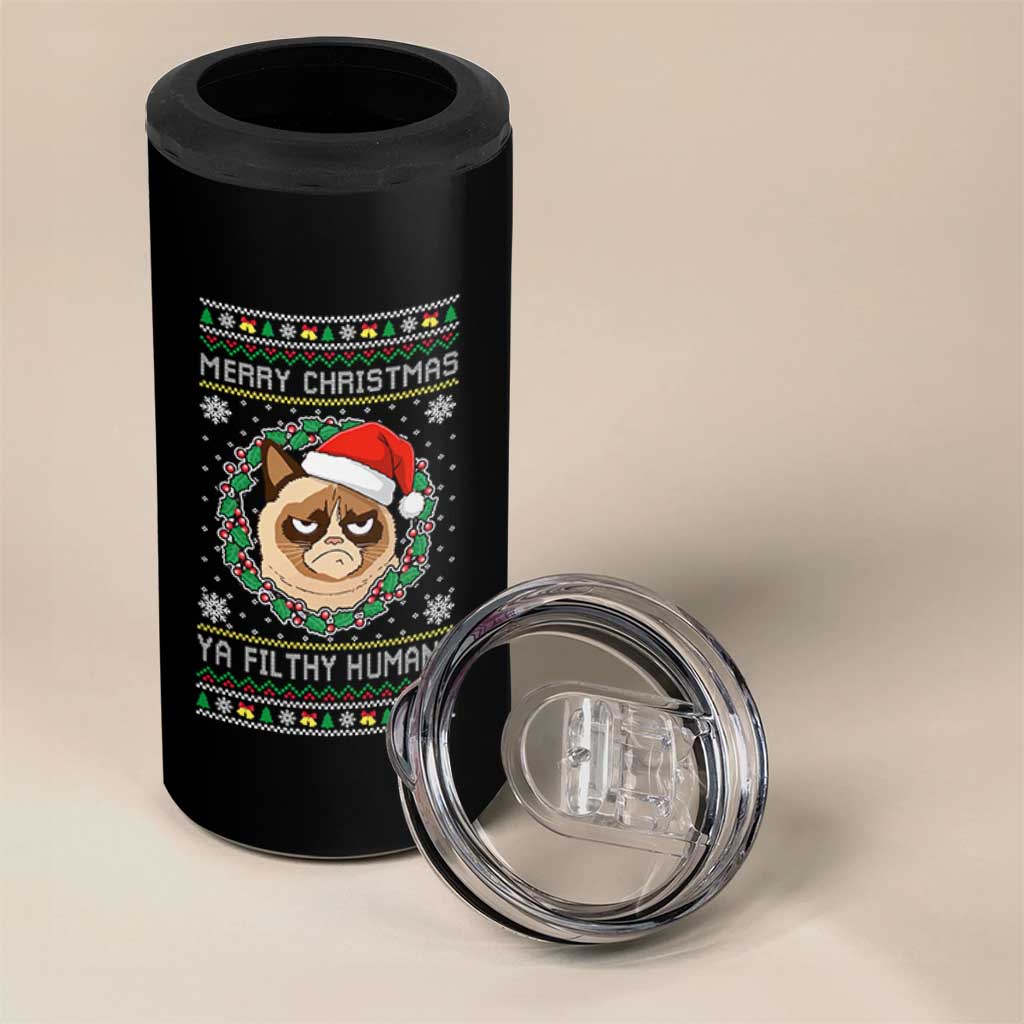 Merry Christmas Ya Filthy Humans Cat 4 in 1 Can Cooler Tumbler Funny Xmas Grumpy Cat - Wonder Print Shop