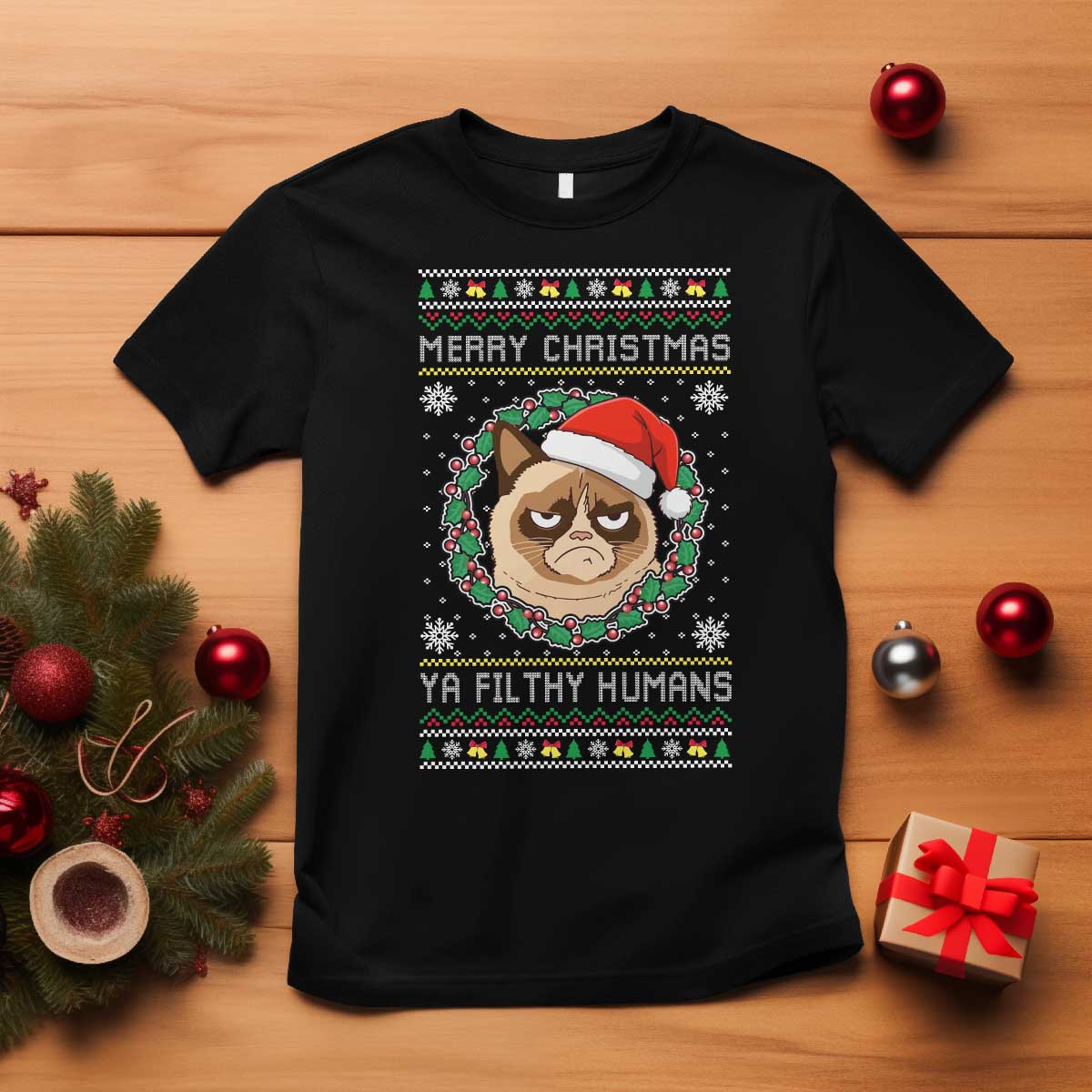 Merry Christmas Ya Filthy Humans Cat T Shirt Funny Xmas Grumpy Cat - Wonder Print Shop