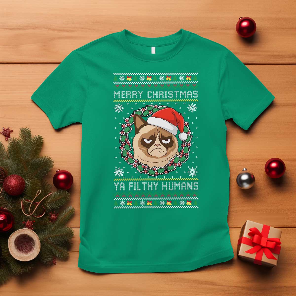 Merry Christmas Ya Filthy Humans Cat T Shirt Funny Xmas Grumpy Cat - Wonder Print Shop