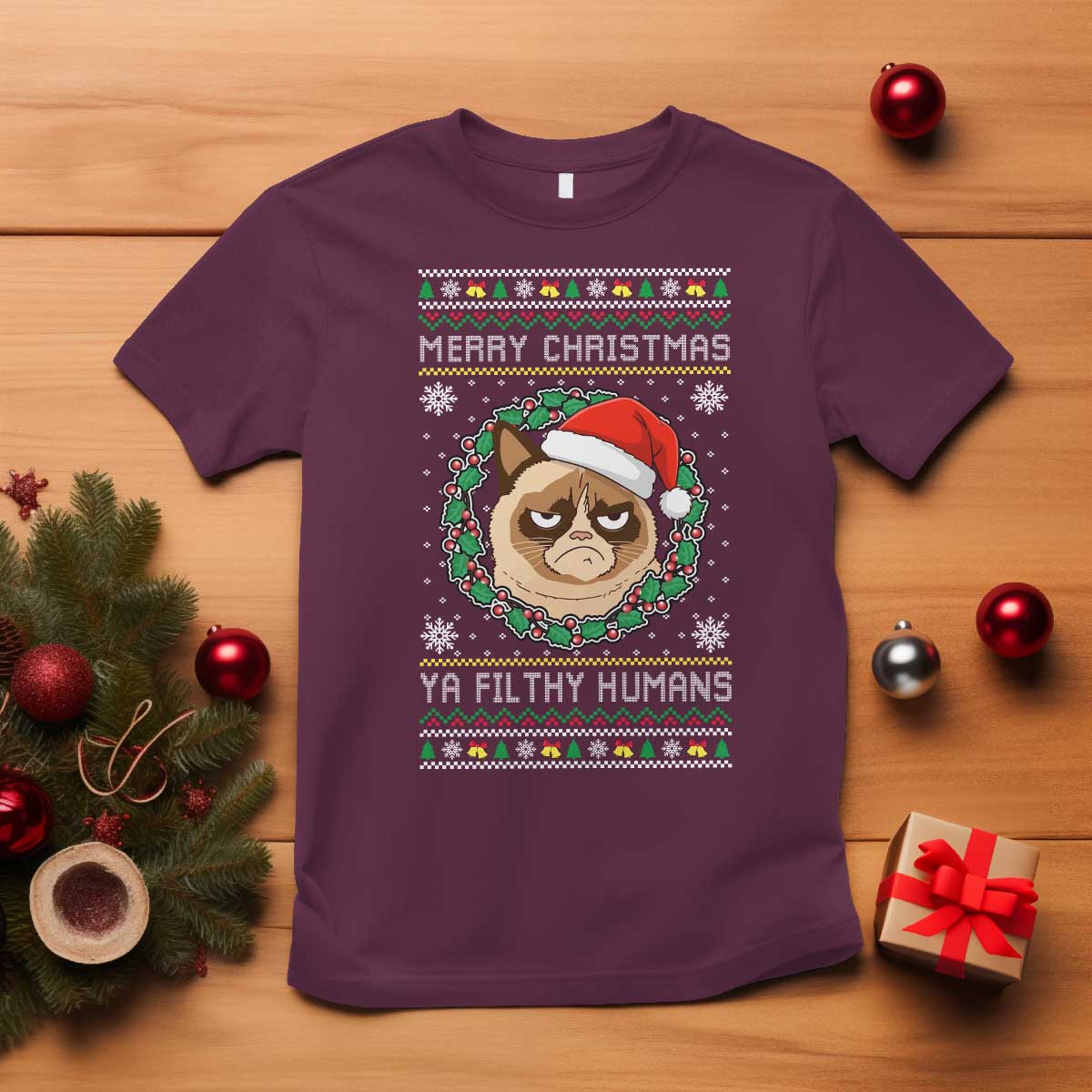 Merry Christmas Ya Filthy Humans Cat T Shirt Funny Xmas Grumpy Cat - Wonder Print Shop