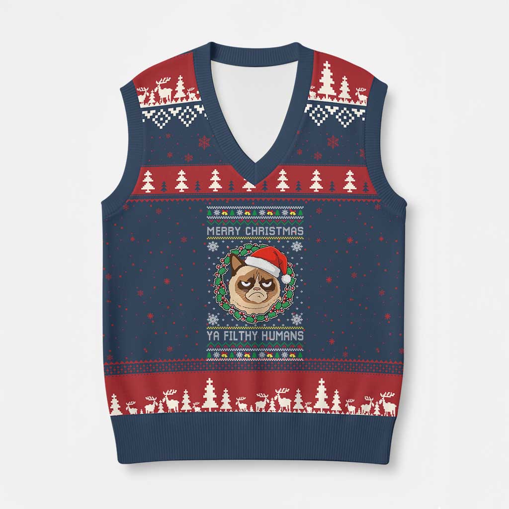 Merry Xmas Ya Filthy Humans Cat V-Neck Knit Sweater Vest Funny Xmas Grumpy Cat - Wonder Print Shop