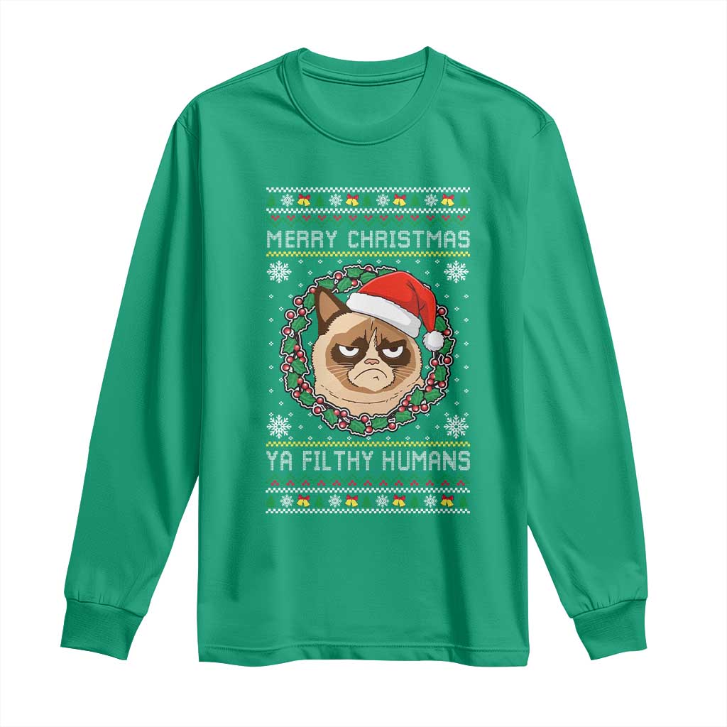 Merry Christmas Ya Filthy Humans Cat Long Sleeve Shirt Funny Xmas Grumpy Cat - Wonder Print Shop