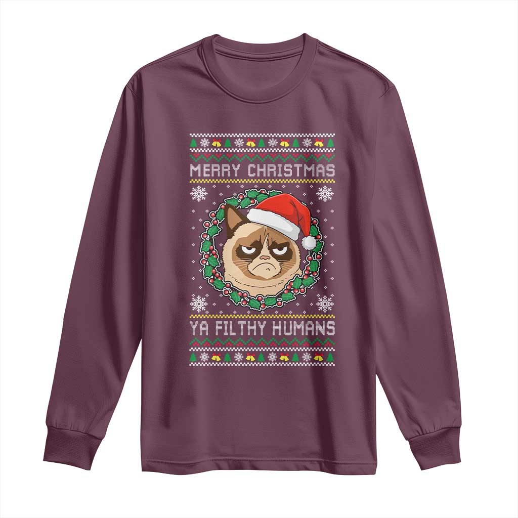 Merry Christmas Ya Filthy Humans Cat Long Sleeve Shirt Funny Xmas Grumpy Cat - Wonder Print Shop
