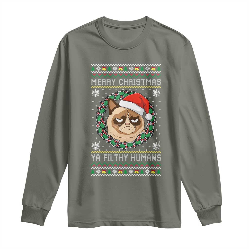 Merry Christmas Ya Filthy Humans Cat Long Sleeve Shirt Funny Xmas Grumpy Cat - Wonder Print Shop