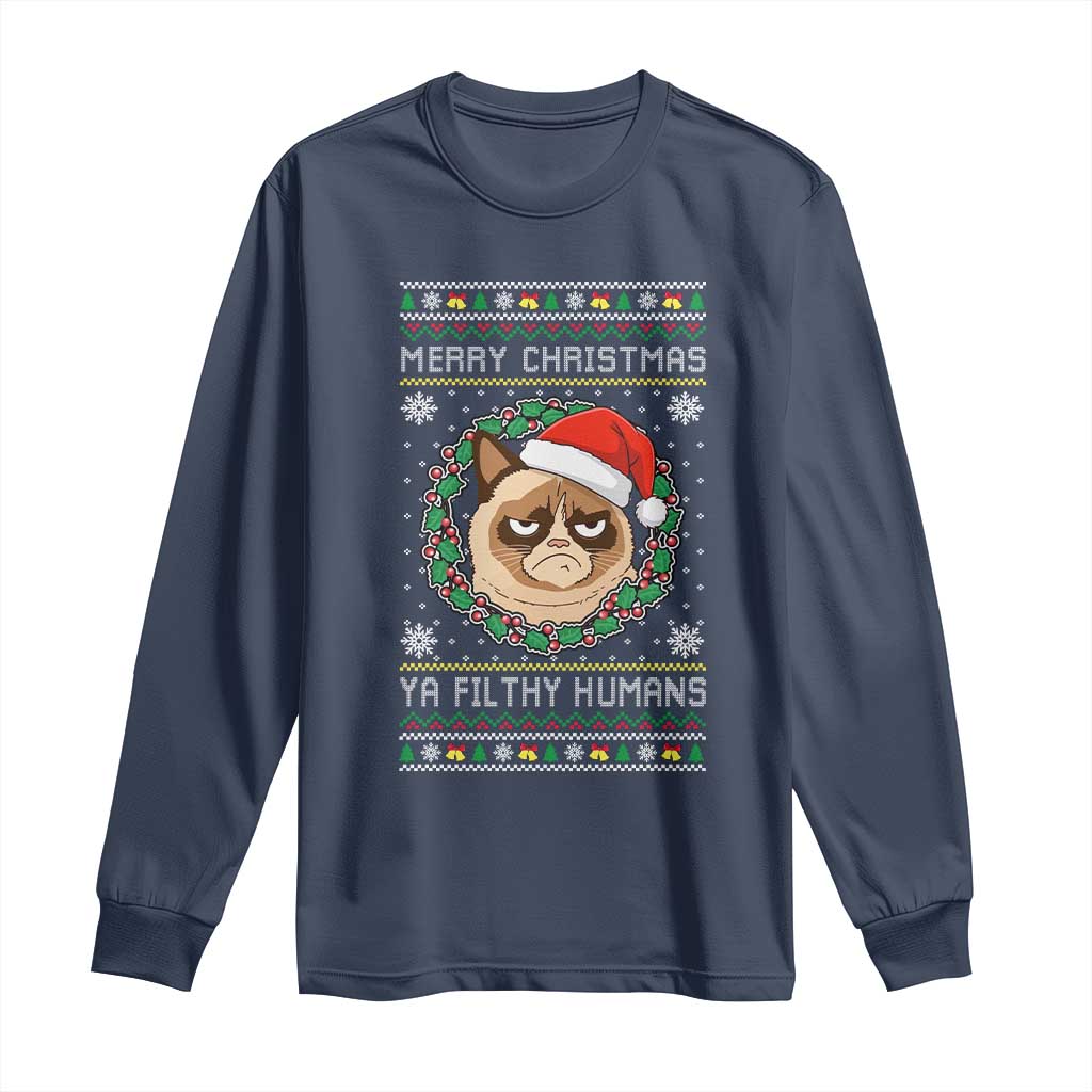 Merry Christmas Ya Filthy Humans Cat Long Sleeve Shirt Funny Xmas Grumpy Cat - Wonder Print Shop