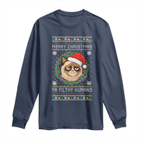 Merry Christmas Ya Filthy Humans Cat Long Sleeve Shirt Funny Xmas Grumpy Cat - Wonder Print Shop