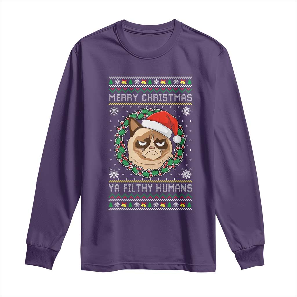 Merry Christmas Ya Filthy Humans Cat Long Sleeve Shirt Funny Xmas Grumpy Cat - Wonder Print Shop