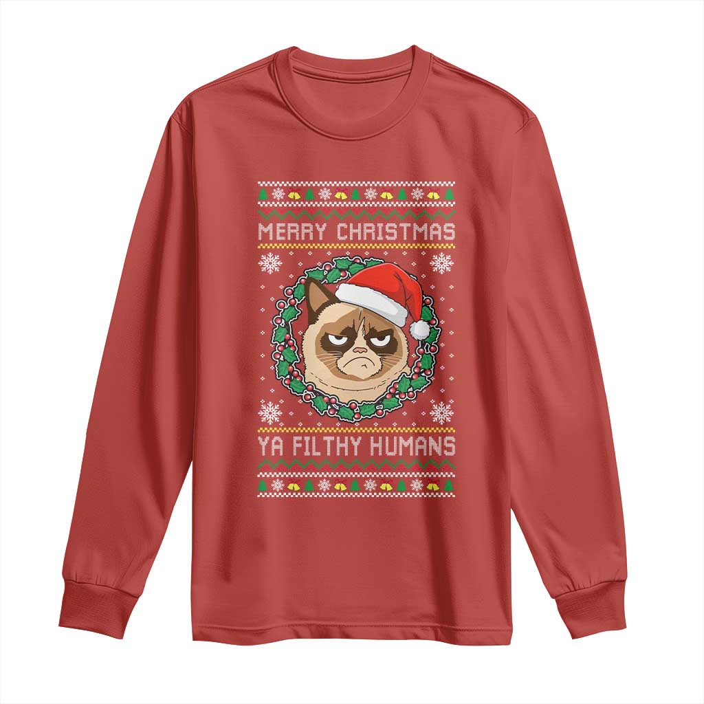 Merry Christmas Ya Filthy Humans Cat Long Sleeve Shirt Funny Xmas Grumpy Cat - Wonder Print Shop