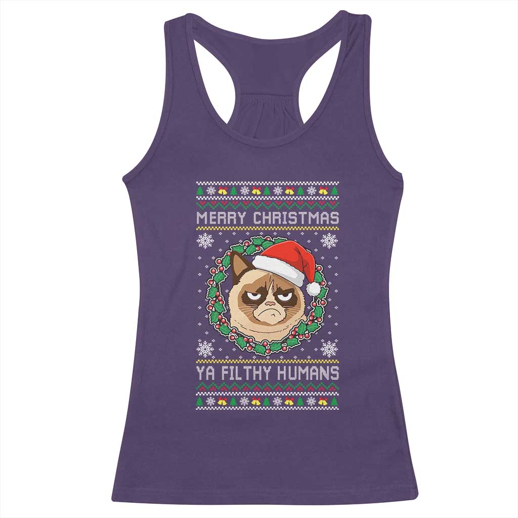 Merry Christmas Ya Filthy Humans Cat Racerback Tank Top Funny Xmas Grumpy Cat - Wonder Print Shop