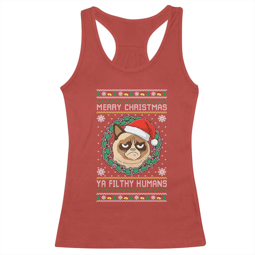Merry Christmas Ya Filthy Humans Cat Racerback Tank Top Funny Xmas Grumpy Cat - Wonder Print Shop