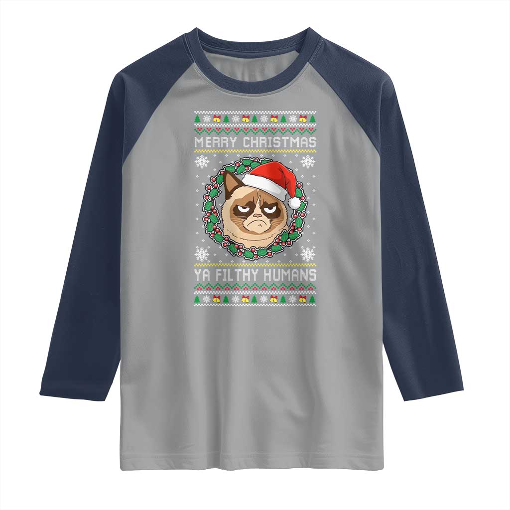 Merry Christmas Ya Filthy Humans Cat Raglan Shirt Funny Xmas Grumpy Cat - Wonder Print Shop