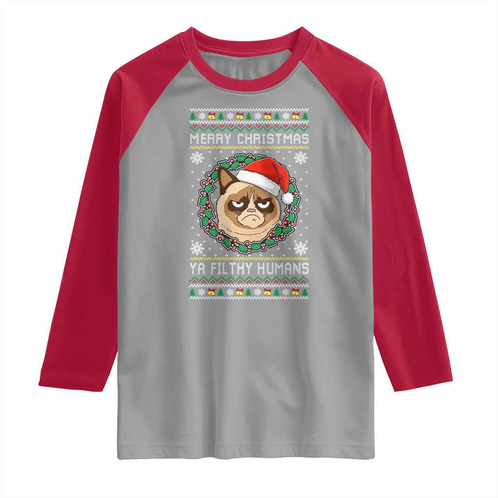 Merry Christmas Ya Filthy Humans Cat Raglan Shirt Funny Xmas Grumpy Cat - Wonder Print Shop