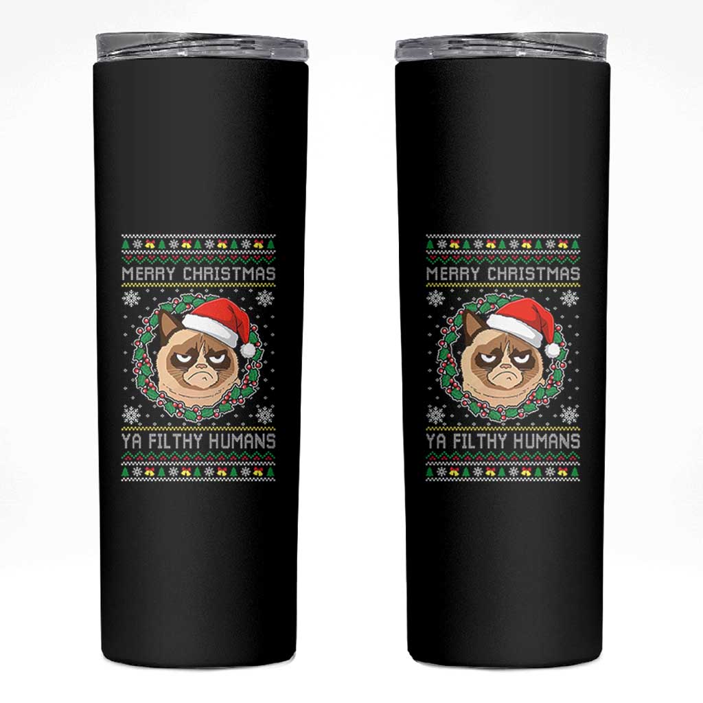Merry Christmas Ya Filthy Humans Cat Skinny Tumbler Funny Xmas Grumpy Cat - Wonder Print Shop