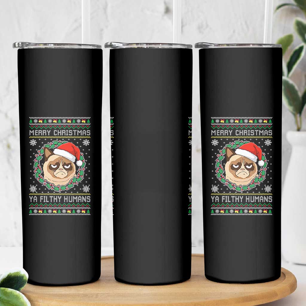 Merry Christmas Ya Filthy Humans Cat Skinny Tumbler Funny Xmas Grumpy Cat - Wonder Print Shop