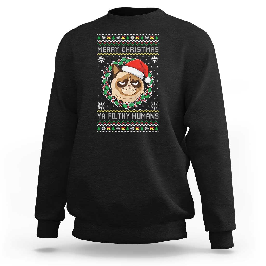 Merry Christmas Ya Filthy Humans Cat Sweatshirt Funny Xmas Grumpy Cat - Wonder Print Shop