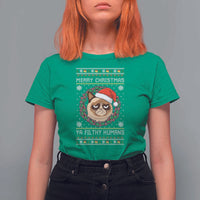 Merry Christmas Ya Filthy Humans Cat T Shirt For Women Funny Xmas Grumpy Cat - Wonder Print Shop
