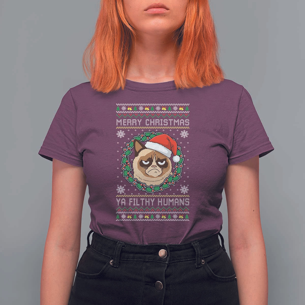 Merry Christmas Ya Filthy Humans Cat T Shirt For Women Funny Xmas Grumpy Cat - Wonder Print Shop