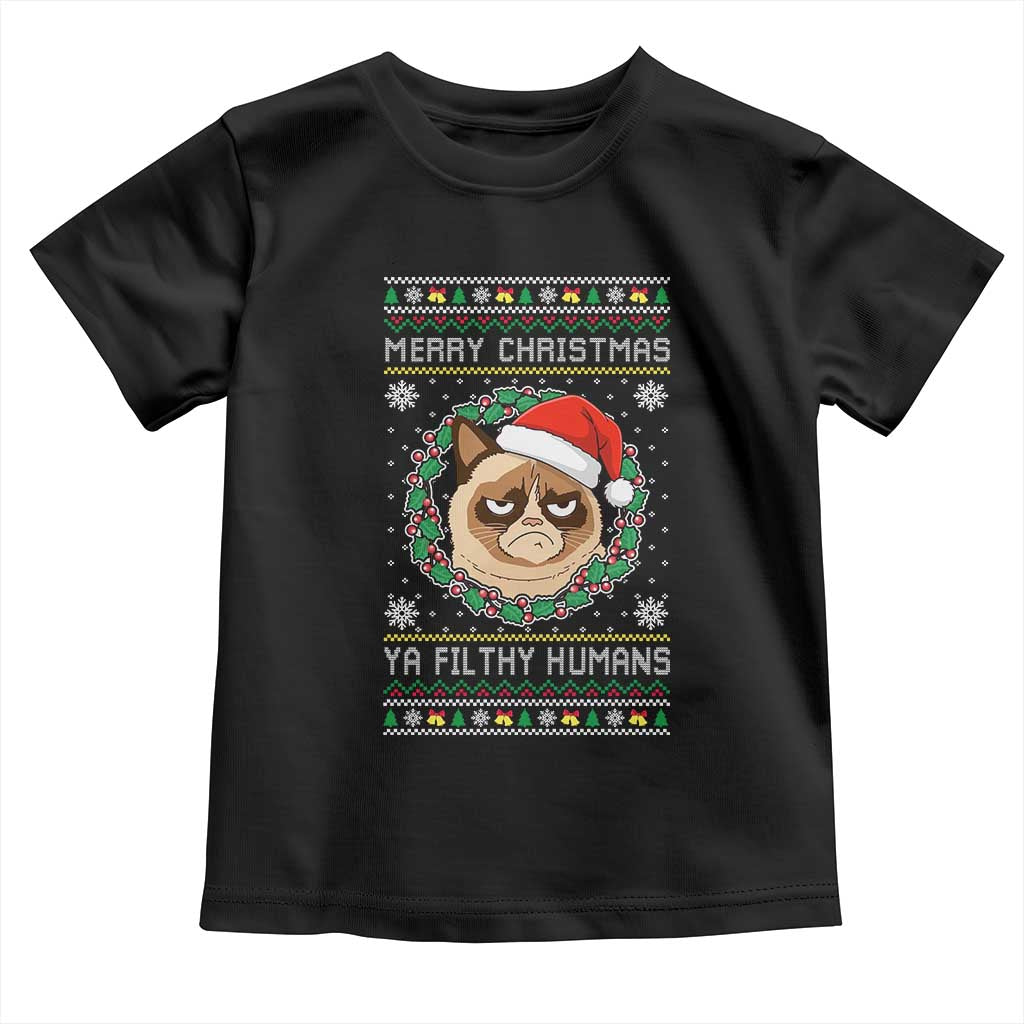 Merry Christmas Ya Filthy Humans Cat Toddler T Shirt Funny Xmas Grumpy Cat - Wonder Print Shop