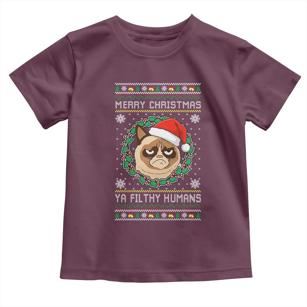 Merry Christmas Ya Filthy Humans Cat Toddler T Shirt Funny Xmas Grumpy Cat - Wonder Print Shop