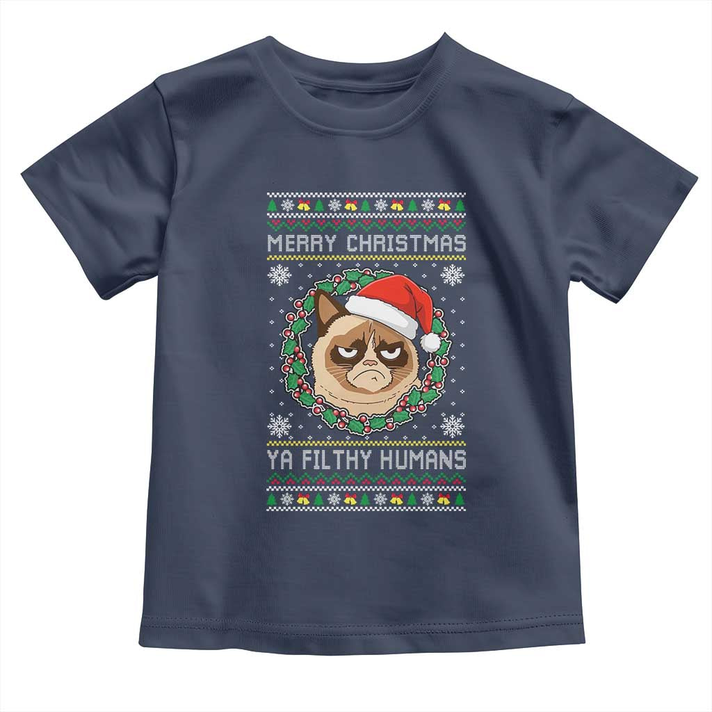 Merry Christmas Ya Filthy Humans Cat Toddler T Shirt Funny Xmas Grumpy Cat - Wonder Print Shop