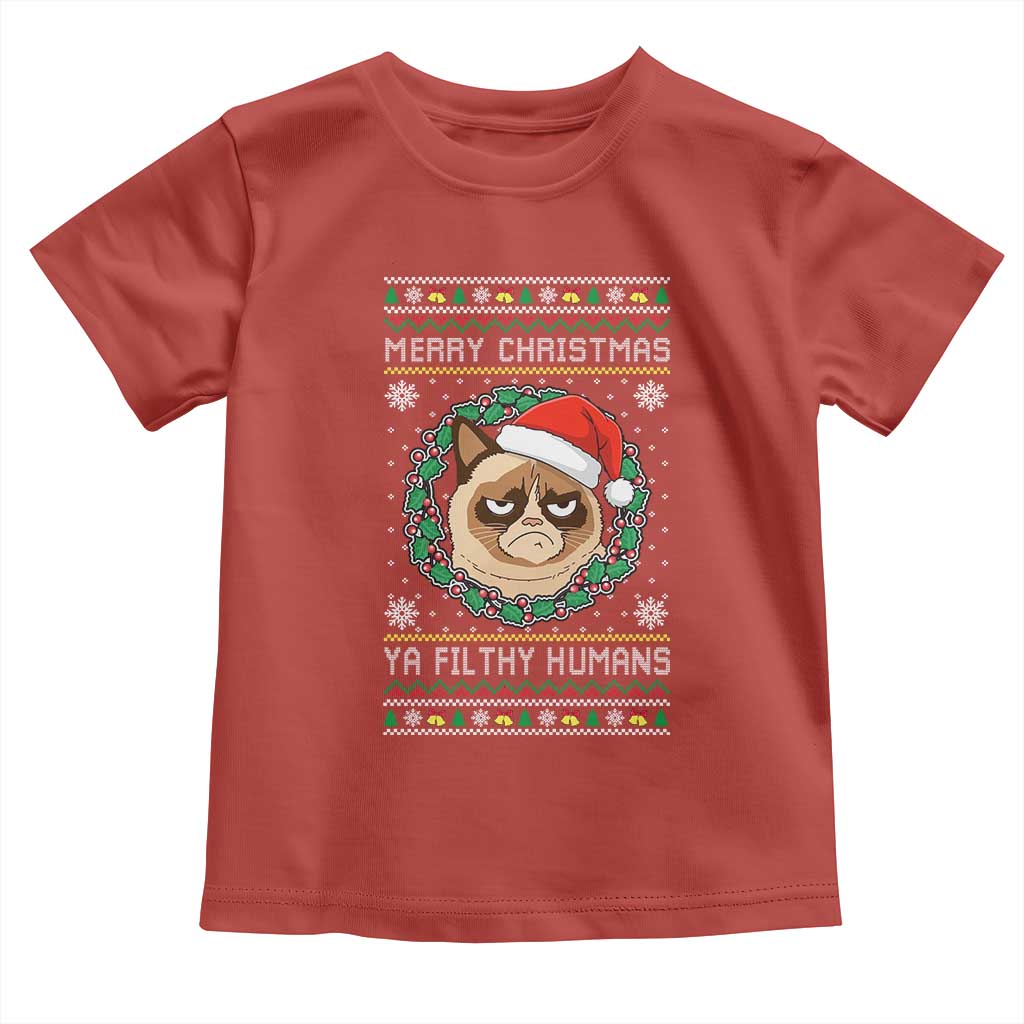Merry Christmas Ya Filthy Humans Cat Toddler T Shirt Funny Xmas Grumpy Cat - Wonder Print Shop