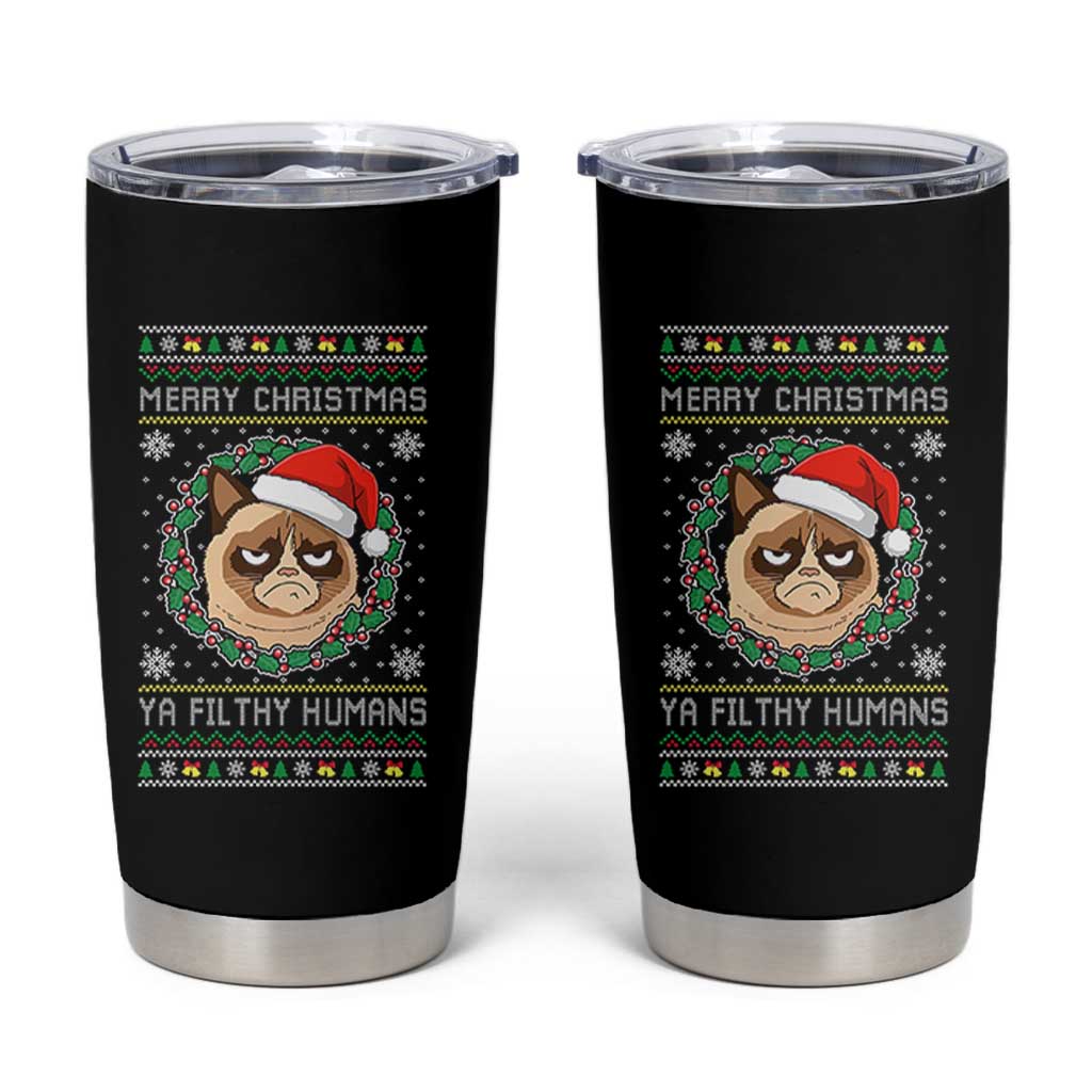 Merry Christmas Ya Filthy Humans Cat Tumbler Cup Funny Xmas Grumpy Cat - Wonder Print Shop