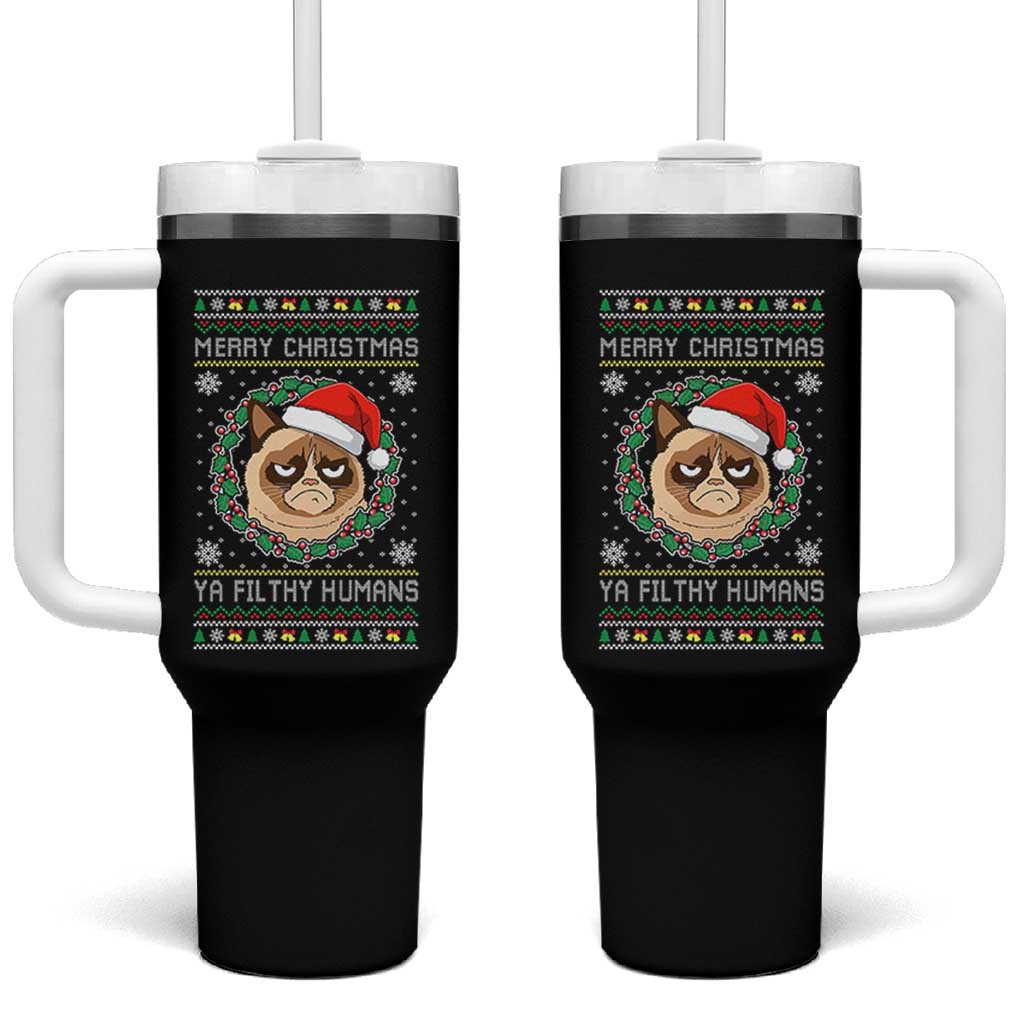 Merry Christmas Ya Filthy Humans Cat Tumbler With Handle Funny Xmas Grumpy Cat - Wonder Print Shop