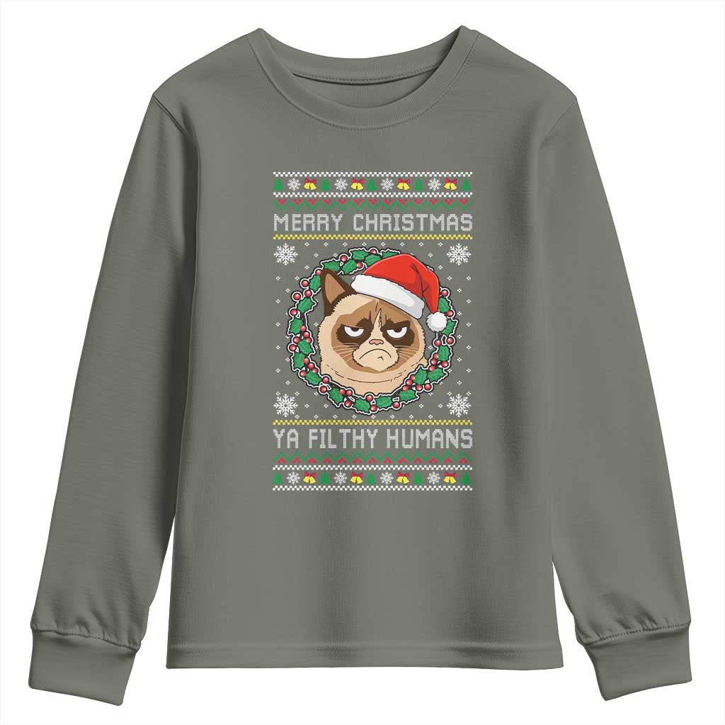 Merry Christmas Ya Filthy Humans Cat Youth Sweatshirt Funny Xmas Grumpy Cat - Wonder Print Shop