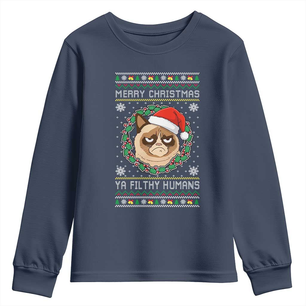 Merry Christmas Ya Filthy Humans Cat Youth Sweatshirt Funny Xmas Grumpy Cat - Wonder Print Shop