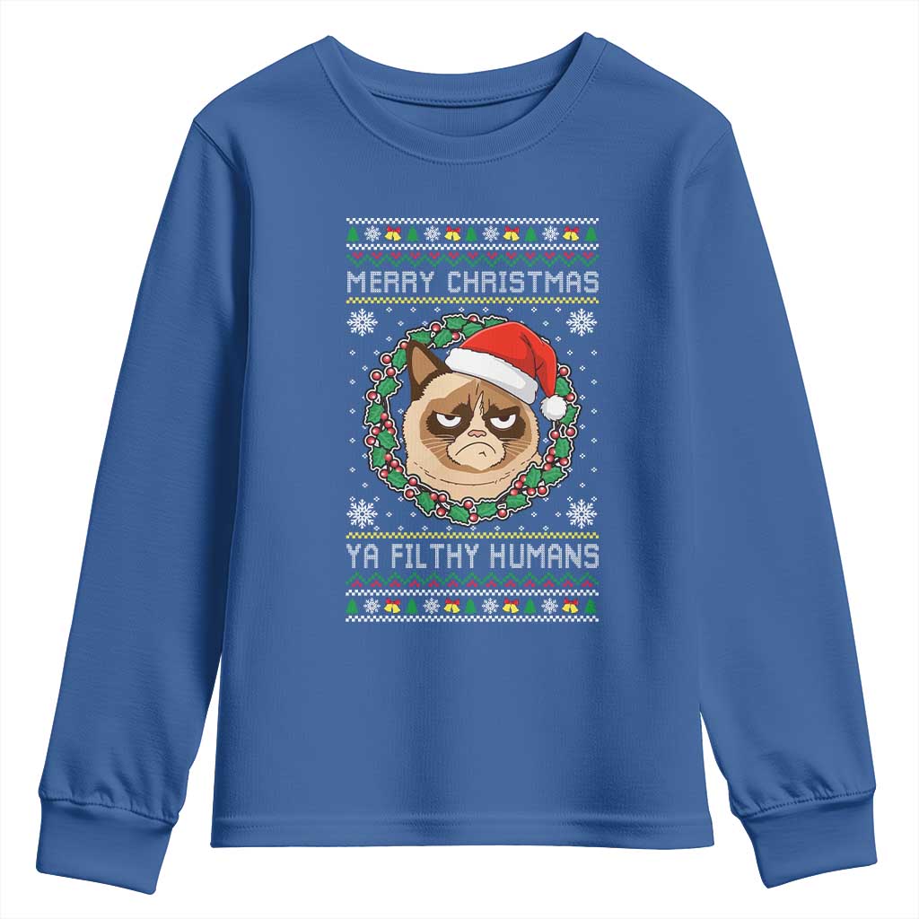 Merry Christmas Ya Filthy Humans Cat Youth Sweatshirt Funny Xmas Grumpy Cat - Wonder Print Shop