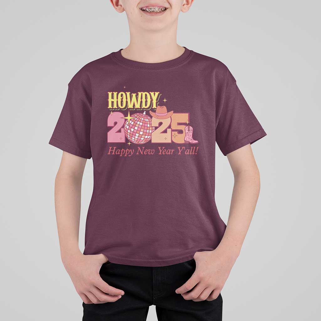 Howdy 2025 T Shirt For Kid Happy New Year Y'all Sparkling Cowgirl