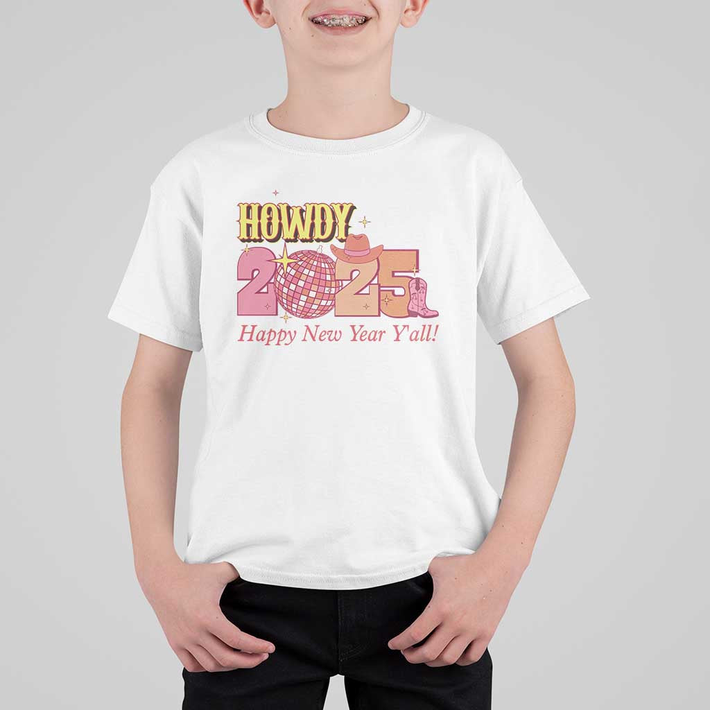 Howdy 2025 T Shirt For Kid Happy New Year Y'all Sparkling Cowgirl