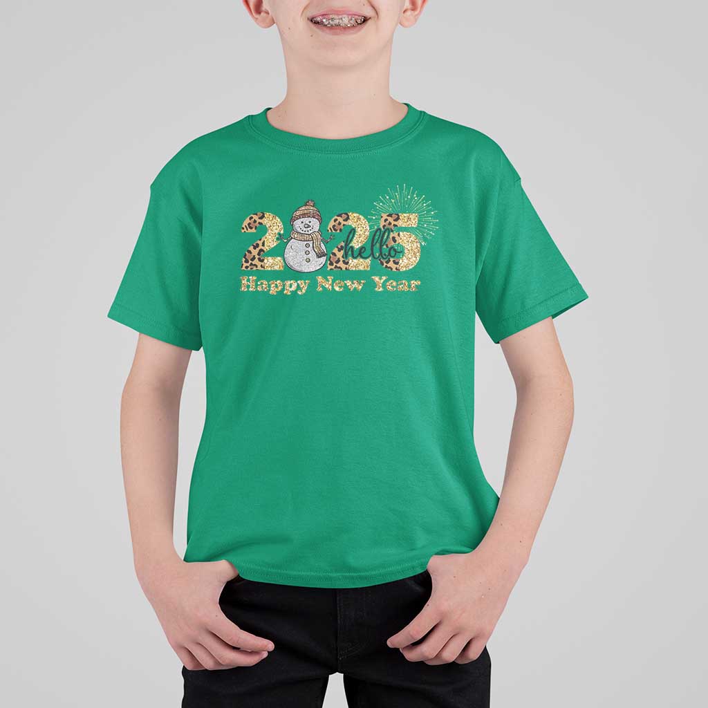 Hello 2025 Happy New Year T Shirt For Kid Fireworks Snowman - Wonder Print Shop