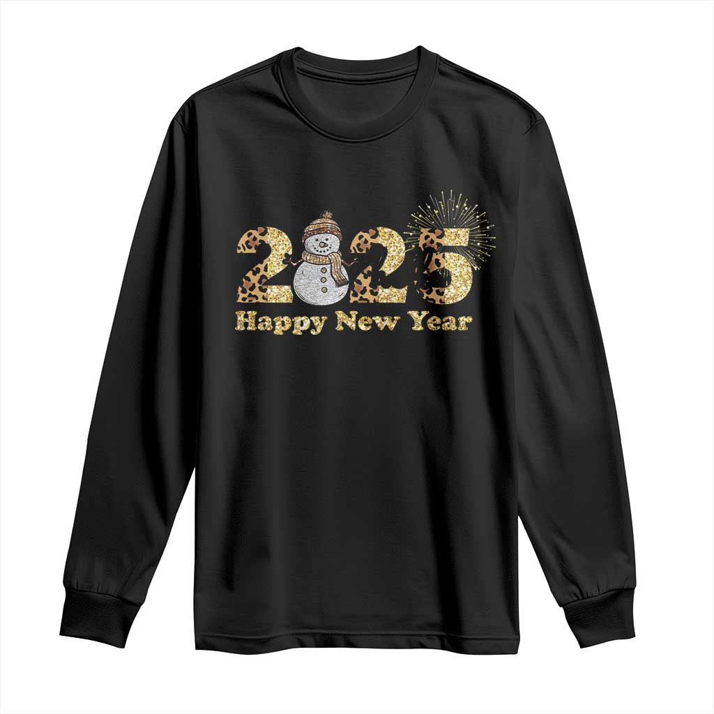 Hello 2025 Happy New Year Long Sleeve Shirt Fireworks Snowman