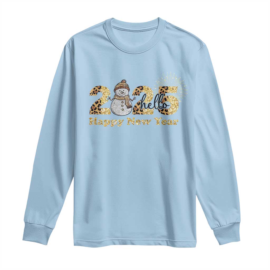Hello 2025 Happy New Year Long Sleeve Shirt Fireworks Snowman