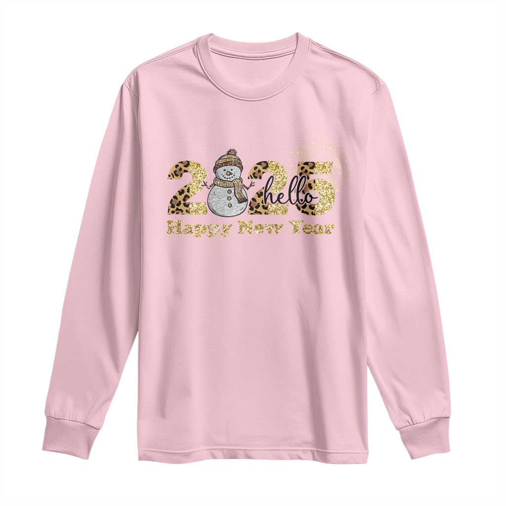 Hello 2025 Happy New Year Long Sleeve Shirt Fireworks Snowman