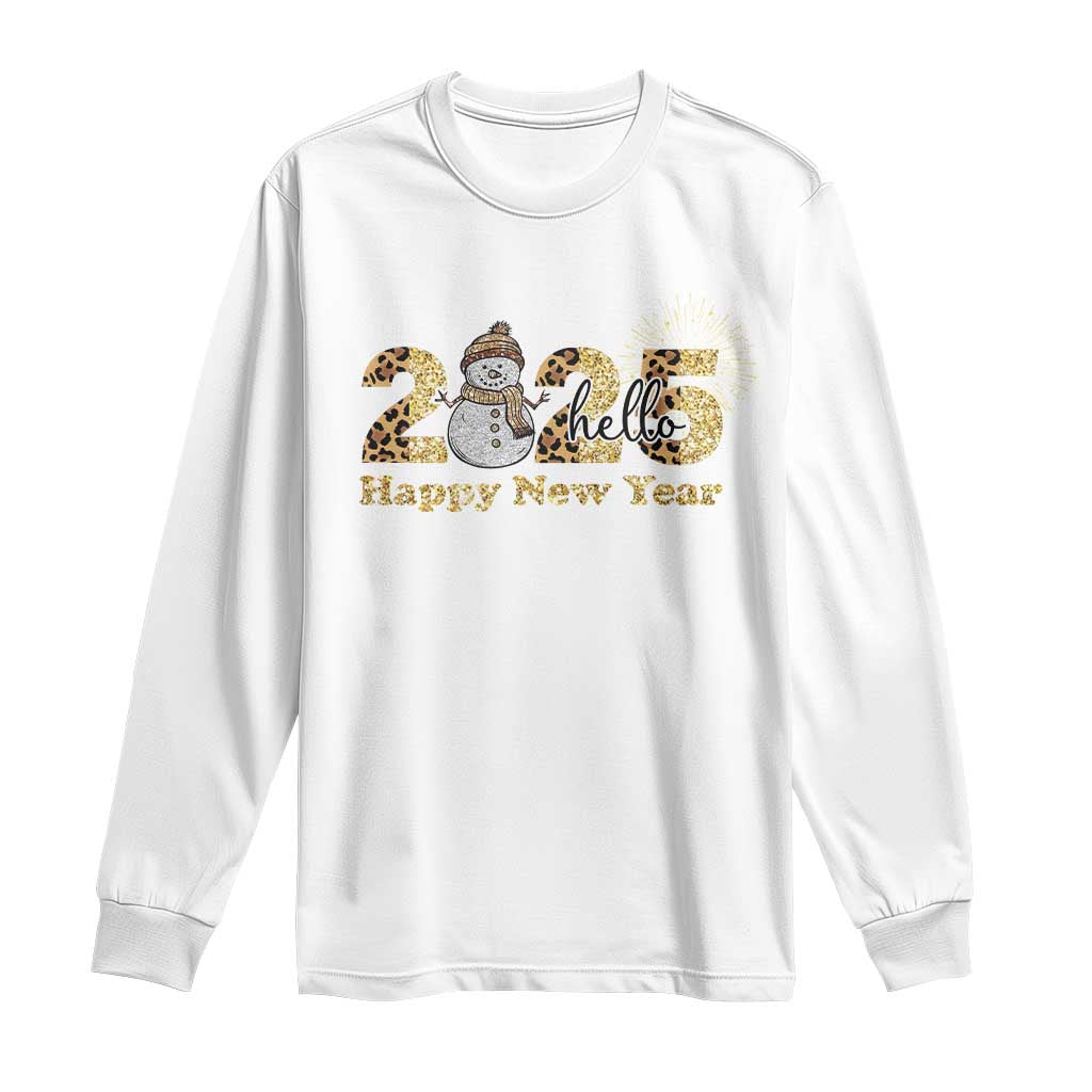 Hello 2025 Happy New Year Long Sleeve Shirt Fireworks Snowman