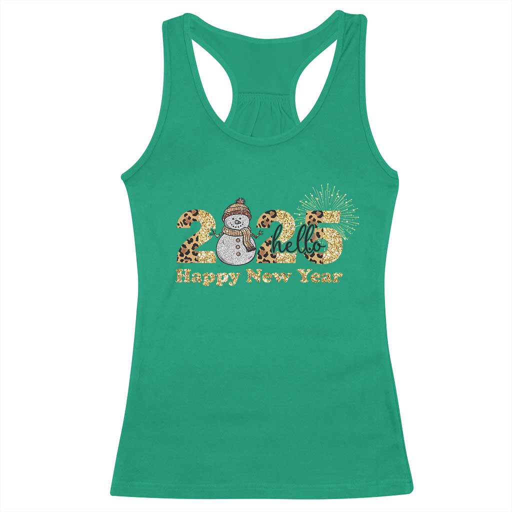 Hello 2025 Happy New Year Racerback Tank Top Fireworks Snowman