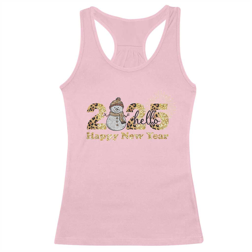 Hello 2025 Happy New Year Racerback Tank Top Fireworks Snowman