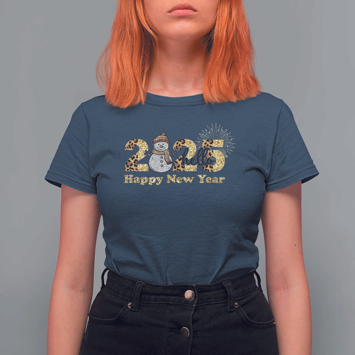 Hello 2025 Happy New Year T Shirt For Women Fireworks Snowman - Wonder Print Shop