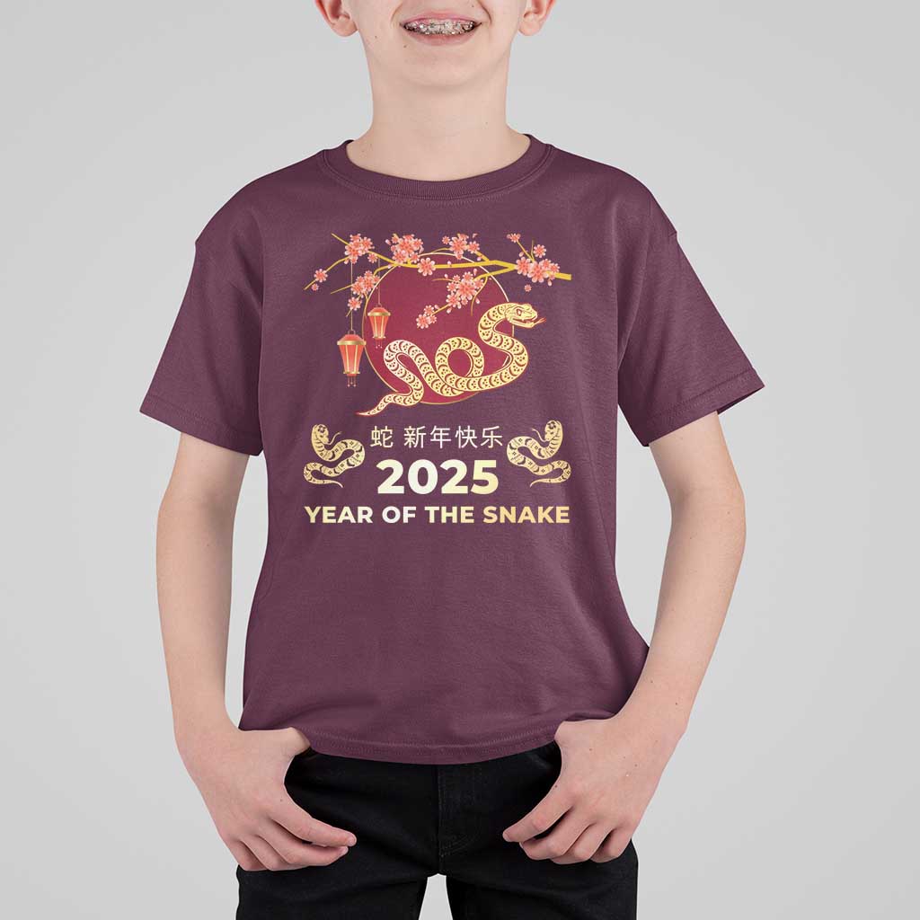 Chinese Lunar New Year 2025 Year Of The Snake T Shirt For Kid Cherry Blossom - Wonder Print Shop